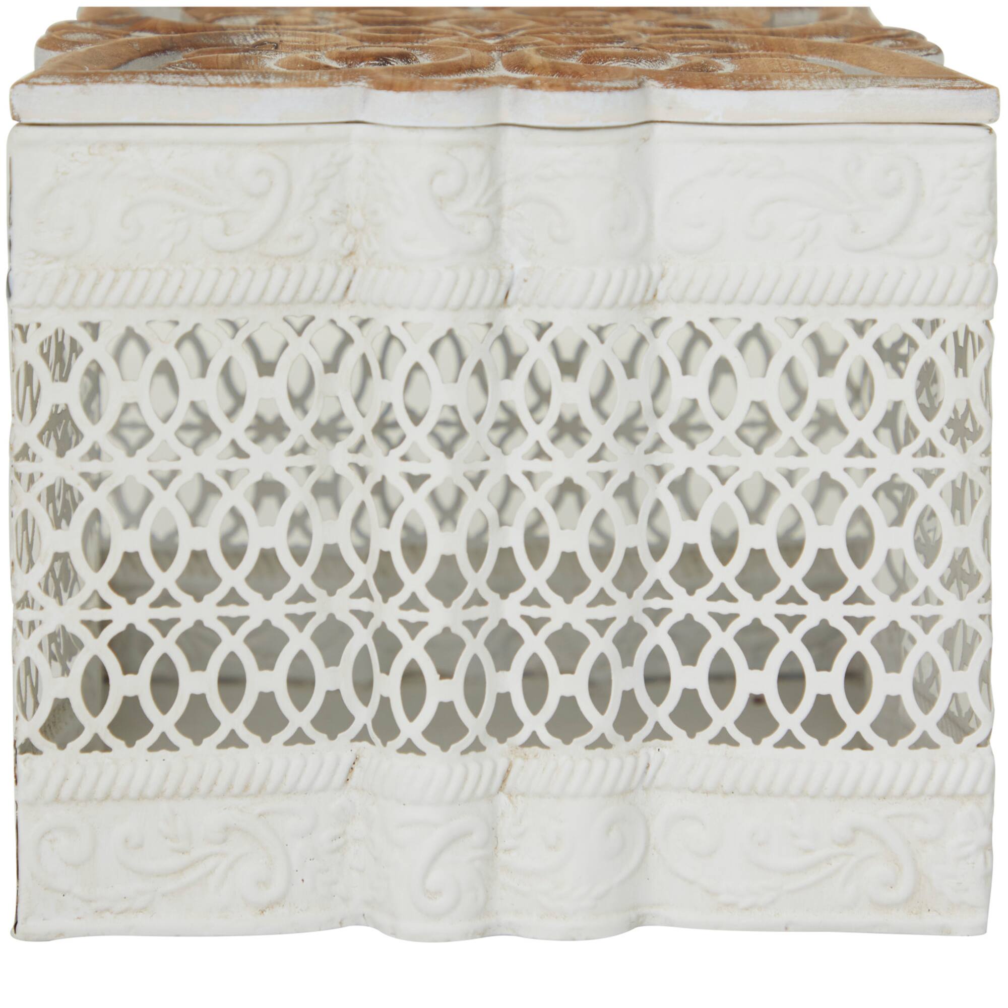 White Metal Laser Cut Metal Decorative Jars with Carved Wood Lids Set